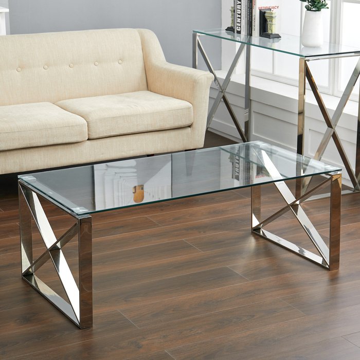 The Range | Livingandhome Modern Clear Tempered Glass Coffee Table With Chrome Triangle Legs - Silver Livingandhome Modern Clear Tempered Glass Coffee Table With Chrome Triangle Legs - Silver
