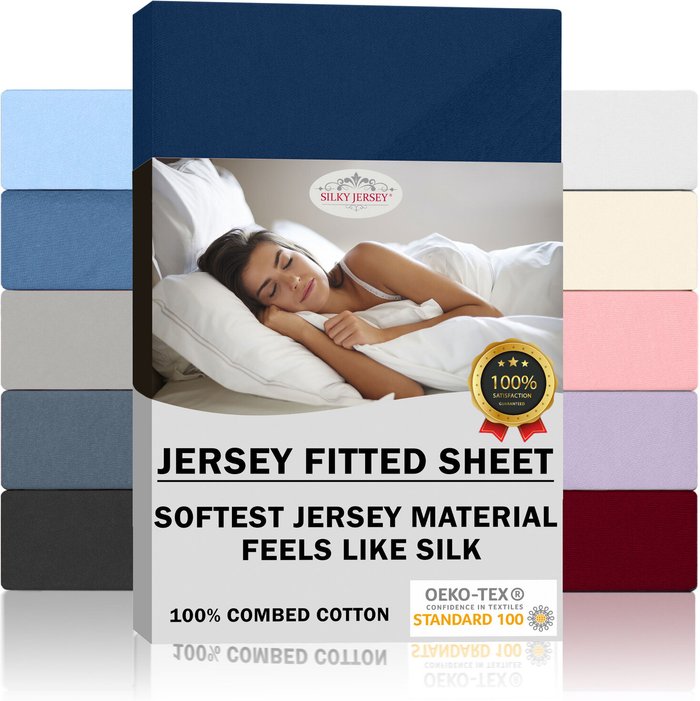 The Range | Double Jersey Silky Jersey Cotton Fitted Sheets - Navy / 90x200x30 cm / Single Double Jersey Silky Jersey Cotton Fitted Sheets - Navy / 90x200x30 cm / Single