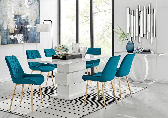 The Range | FurnitureboxUK Apollo Table With Six Pesaro Gold Leg Chairs - Blue FurnitureboxUK Apollo Table With Six Pesaro Gold Leg Chairs - Blue