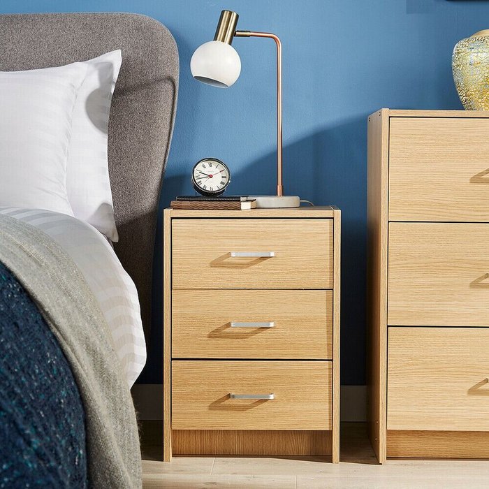 The Range | Home Source Stratford 3 Drawer Bedside Table Bedroom Storage Unit - Oak Home Source Stratford 3 Drawer Bedside Table Bedroom Storage Unit - Oak
