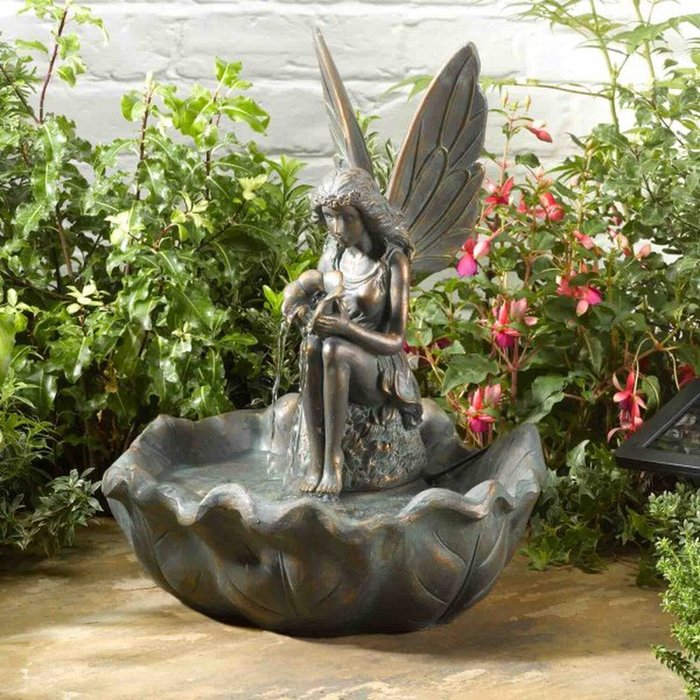 The Range | Festive Lights Solar Fairy with Leaf Water Feature - Bronze Festive Lights Solar Fairy with Leaf Water Feature - Bronze