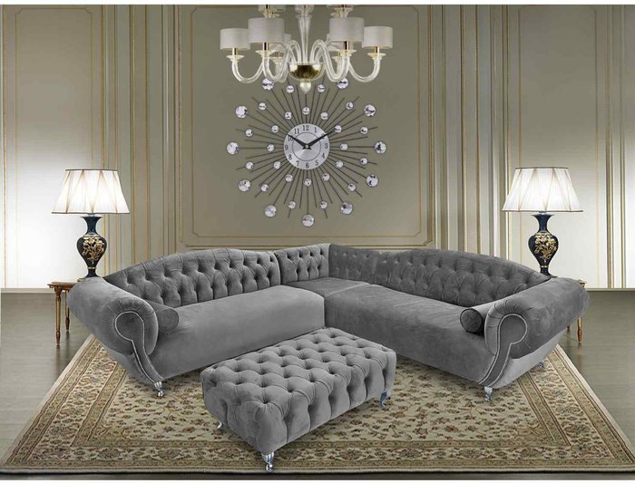 The Range | Simply Eleganza Lavis Corner Sofa with Footstool in Velour Fabric - Grey Simply Eleganza Lavis Corner Sofa with Footstool in Velour Fabric - Grey