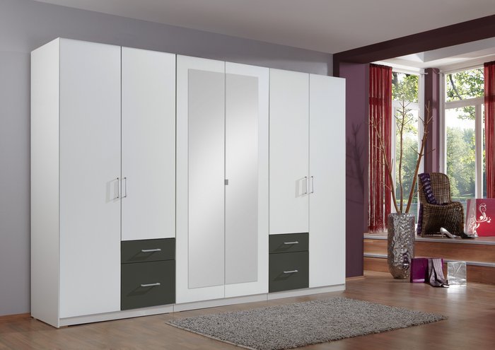 The Range | Tjs Fly 6 Door Wardrobe with Graphite Drawers - White Tjs Fly 6 Door Wardrobe with Graphite Drawers - White