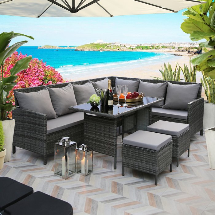 The Range | Bideford 8-Seat Rattan Corner Dining Sofa Set - Grey Bideford 8-Seat Rattan Corner Dining Sofa Set - Grey