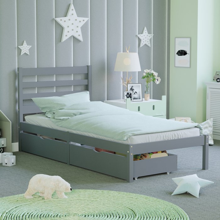 The Range | Libra Solid Pine Single Bed with Underbed Drawers - Grey Libra Solid Pine Single Bed with Underbed Drawers - Grey