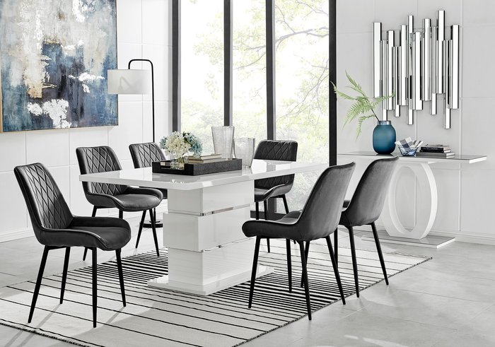 The Range | FurnitureboxUK Apollo Table With Six Pesaro Black Leg Chairs - Black FurnitureboxUK Apollo Table With Six Pesaro Black Leg Chairs - Black