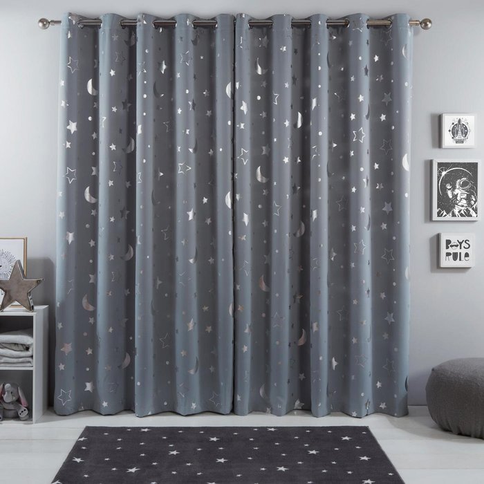 The Range | Dreamscene Dreamscene Star Blackout Curtains Pair Eyelet Ready Made Silver - 46 Dreamscene Dreamscene Star Blackout Curtains Pair Eyelet Ready Made Silver - 46