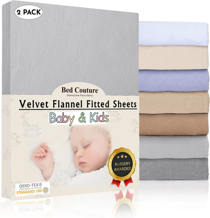 The Range | Bed Couture 60x120 cm Velvet Flannel Fitted Crib Bed Sheets (Double Pack) - Warm Grey Bed Couture 60x120 cm Velvet Flannel Fitted Crib Bed Sheets (Double Pack) - Warm Grey