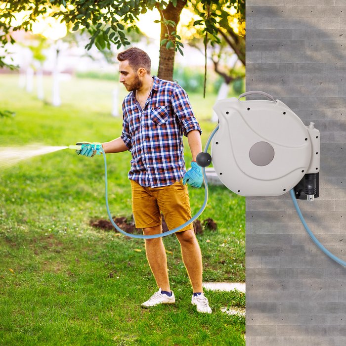 The Range | Outsunny Retractable Hose Reel with Any Length Lock - Grey Outsunny Retractable Hose Reel with Any Length Lock - Grey