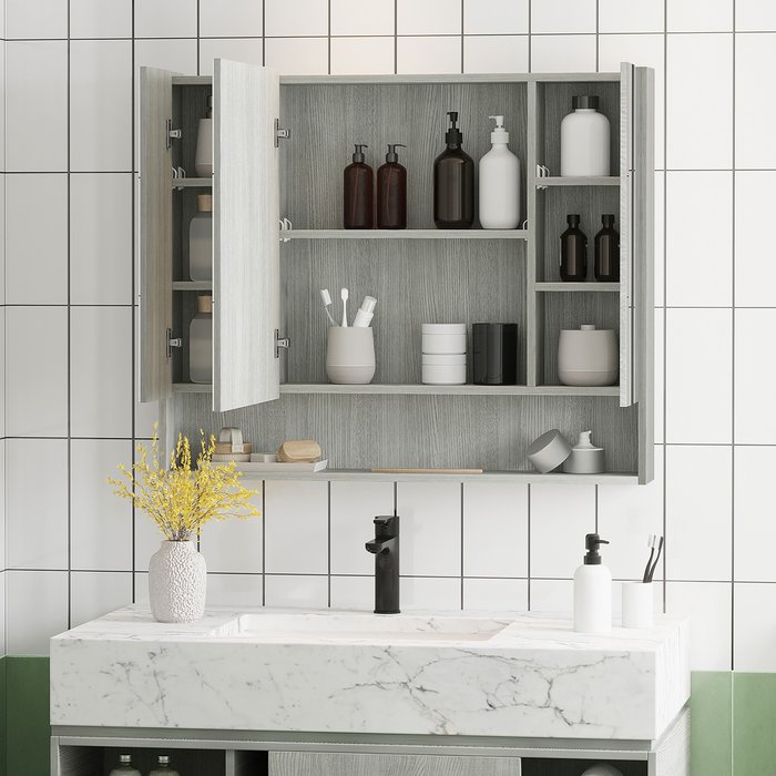 The Range | Kleankin Bathroom Wall Mounted Mirror Cabinet with 3 Adjustable Shelves - Grey Kleankin Bathroom Wall Mounted Mirror Cabinet with 3 Adjustable Shelves - Grey