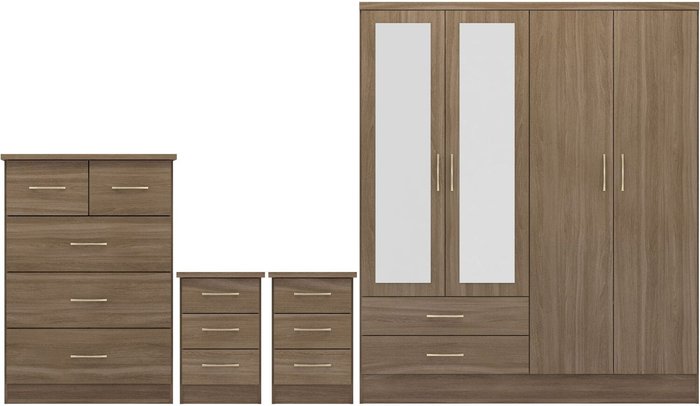 The Range | Seconique Nevada 4 Door 2 Drawer Mirrored Wardrobe Bedroom Set - Rustic Oak Seconique Nevada 4 Door 2 Drawer Mirrored Wardrobe Bedroom Set - Rustic Oak