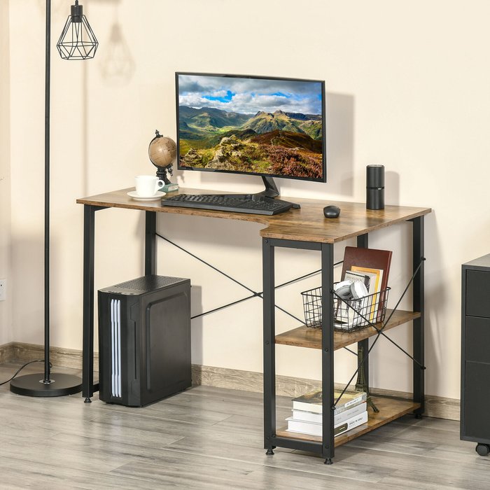 The Range | HOMCOM HOMCOM L Shaped Computer Desk Study Workstation With 2 Shelves Steel Frame Wood Finish HOMCOM HOMCOM L Shaped Computer Desk Study Workstation With 2 Shelves Steel Frame Wood Finish