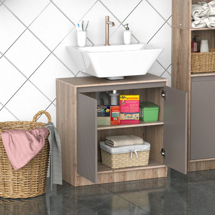 The Range | HOMCOM Under-Sink Storage Cabinet with Adjustable Shelf - Grey and Oak HOMCOM Under-Sink Storage Cabinet with Adjustable Shelf - Grey and Oak