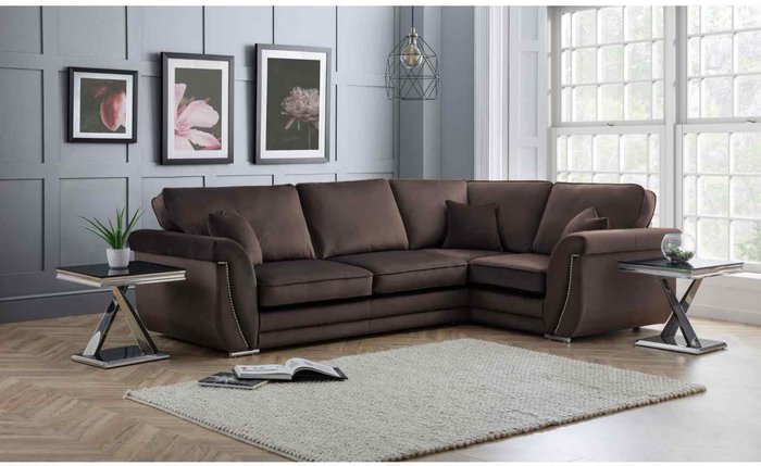 The Range | Simply Eleganza Luca Full Back L Shape Right Hand Corner Sofa Velvet Beading - Brown Simply Eleganza Luca Full Back L Shape Right Hand Corner Sofa Velvet Beading - Brown