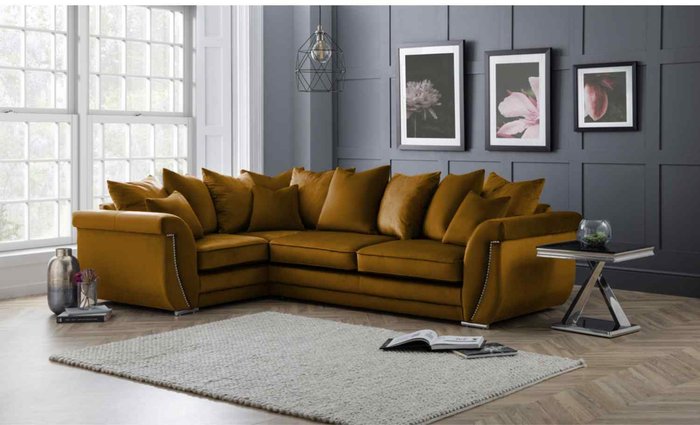 The Range | Simply Eleganza Luca Scatterback L Shape Left Hand Corner Sofa Velour Velvet Fabric with Beading - Yellow Simply Eleganza Luca Scatterback L Shape Left Hand Corner Sofa Velour Velvet Fabric with Beading - Yellow