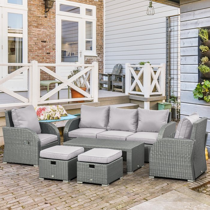 The Range | Outsunny Rattan 7 Seater Sofa, Table and Footstool Set - Grey Outsunny Rattan 7 Seater Sofa, Table and Footstool Set - Grey