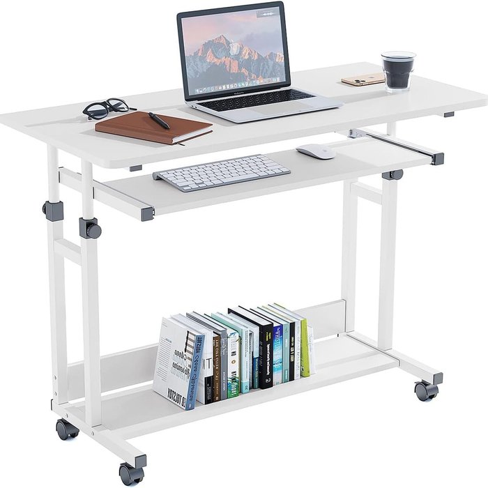 The Range | Dripex Dripex Computer Desk with Movable Wheels Height Adjustable and Shelf - White Dripex Dripex Computer Desk with Movable Wheels Height Adjustable and Shelf - White