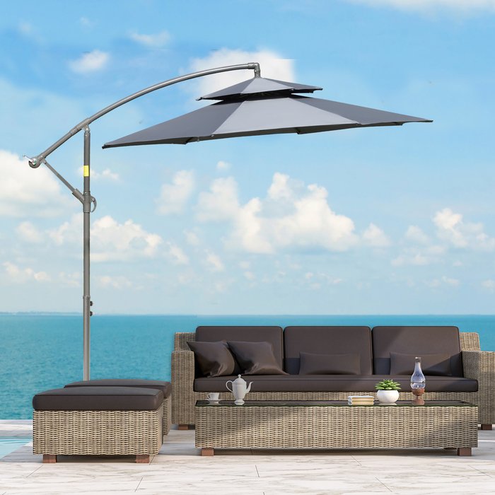 The Range | Outsunny 2.7m Banana Parasol with Crank Handle, Double Tier - Dark Grey Outsunny 2.7m Banana Parasol with Crank Handle, Double Tier - Dark Grey