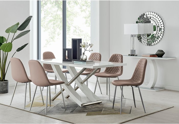 The Range | FurnitureboxUK Mayfair Large White Dining Table 6 Corona Silver Leg Chairs - Cappuccino FurnitureboxUK Mayfair Large White Dining Table 6 Corona Silver Leg Chairs - Cappuccino