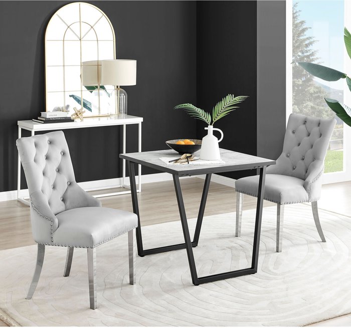 The Range | FurnitureboxUK Carson White Marble Effect Square Dining Table and 2 Belgravia Chairs - Grey FurnitureboxUK Carson White Marble Effect Square Dining Table and 2 Belgravia Chairs - Grey