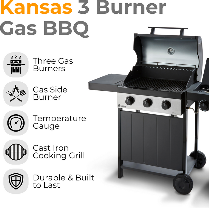 The Range | Swan Kansas 3 Burner Gas BBQ with Side Burner - Black Swan Kansas 3 Burner Gas BBQ with Side Burner - Black