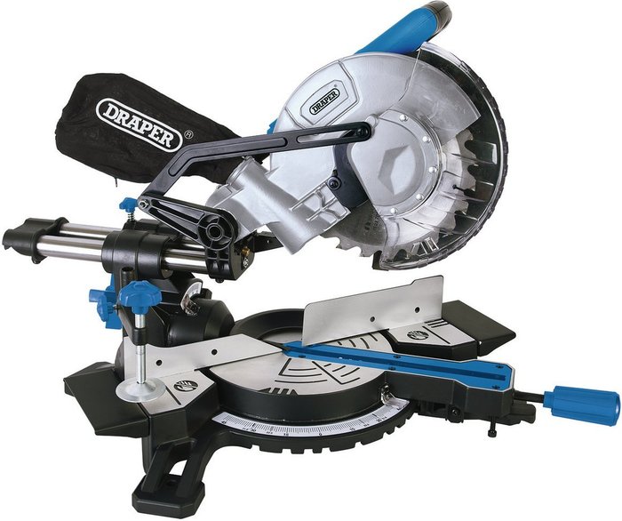 The Range | Draper 210mm Sliding Compound Mitre Saw with Laser Cutting Guide - Grey, Black Draper 210mm Sliding Compound Mitre Saw with Laser Cutting Guide - Grey, Black