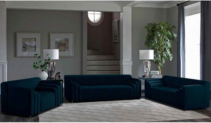 The Range | Simply Eleganza Jessica 3 Piece Flued Sofa Set in Velour Fabric - Blue Simply Eleganza Jessica 3 Piece Flued Sofa Set in Velour Fabric - Blue