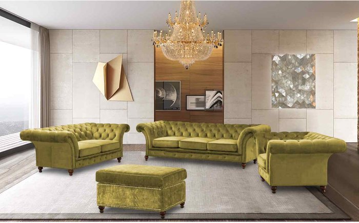 The Range | Simply Eleganza Marcus Chesterfield 4 Piece Sofa Set in Velour Fabric - Yellow Simply Eleganza Marcus Chesterfield 4 Piece Sofa Set in Velour Fabric - Yellow