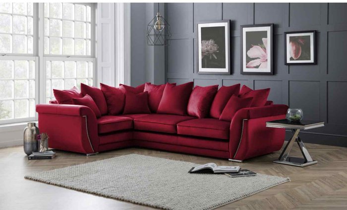 The Range | Simply Eleganza Luca Scatterback L Shape Left Hand Corner Sofa Velour Velvet Fabric with Beading - Red Simply Eleganza Luca Scatterback L Shape Left Hand Corner Sofa Velour Velvet Fabric with Beading - Red