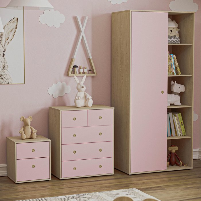 The Range | Neptune 3 Piece Bedroom Set - 2 Drawer Bedside Cabinet, 5 Drawer Chest, Wardrobe - Pink and Oak Neptune 3 Piece Bedroom Set - 2 Drawer Bedside Cabinet, 5 Drawer Chest, Wardrobe - Pink and Oak