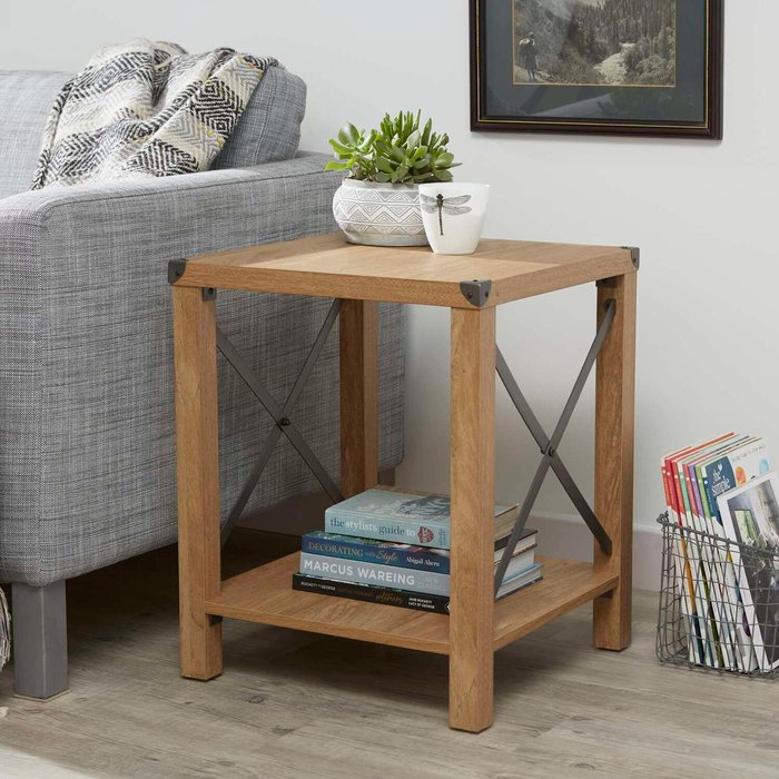 The Range | Rustic Table Storage Side Table with Metal Feature in Wood-Effect - Brown Rustic Table Storage Side Table with Metal Feature in Wood-Effect - Brown