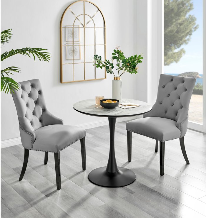 The Range | FurnitureboxUK Elina White Marble Effect Round Dining Table and 2 Belgravia Black Leg Chairs - Grey FurnitureboxUK Elina White Marble Effect Round Dining Table and 2 Belgravia Black Leg Chairs - Grey
