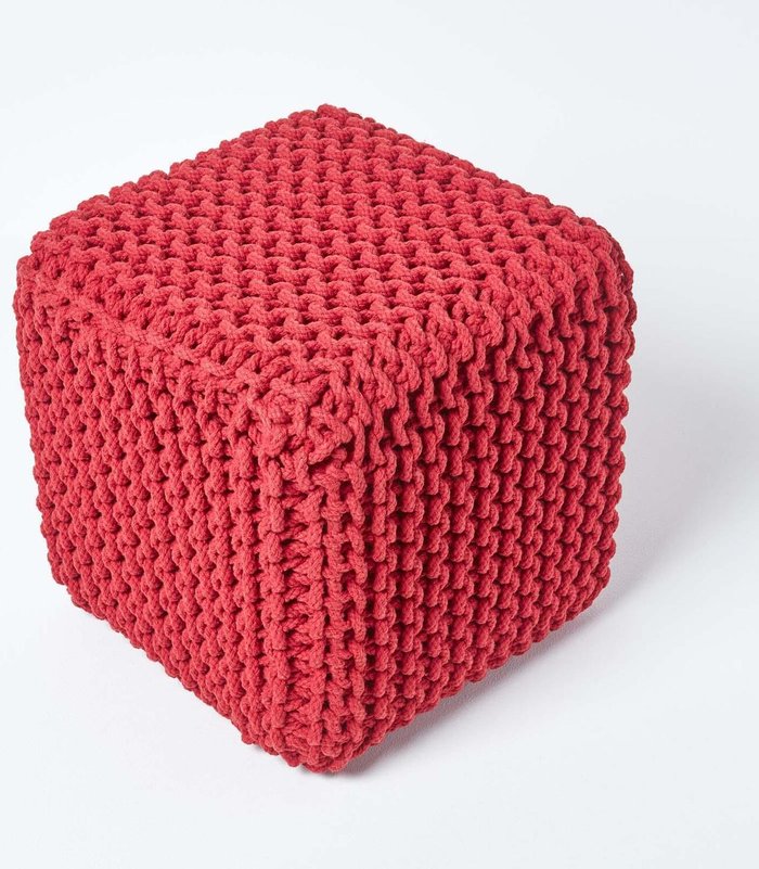 The Range | Homescapes Cotton Knitted Pouffe Cube - Red Homescapes Cotton Knitted Pouffe Cube - Red