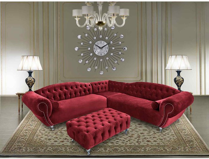 The Range | Simply Eleganza Lavis Corner Sofa with Footstool in Velour Fabric - Red Simply Eleganza Lavis Corner Sofa with Footstool in Velour Fabric - Red