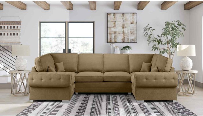 The Range | Simply Eleganza Volvo U Shape Large Sofa Full Back Velour Velvet Fabric - Brown Simply Eleganza Volvo U Shape Large Sofa Full Back Velour Velvet Fabric - Brown