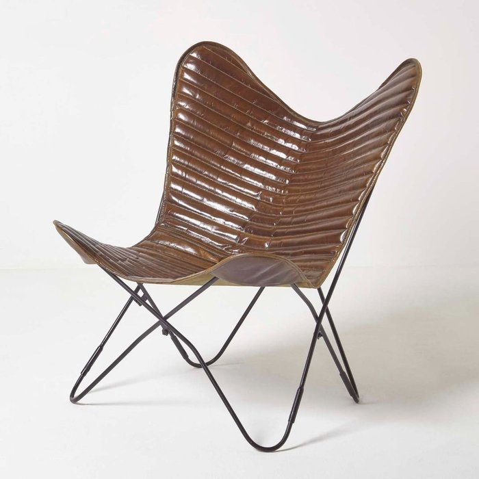 The Range | Homescapes Brown Leather Stripe Butterfly Chair - Brown Homescapes Brown Leather Stripe Butterfly Chair - Brown