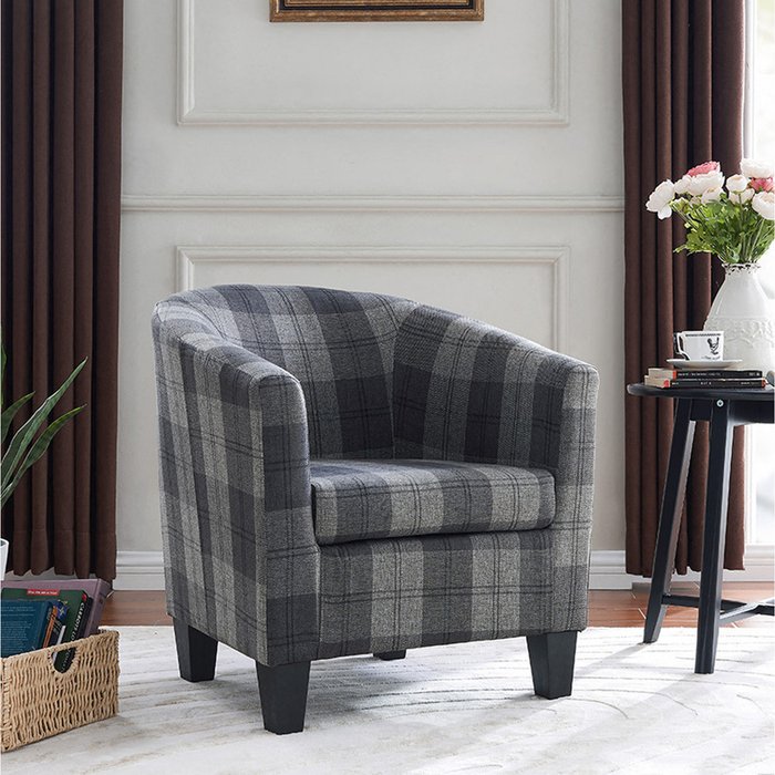 The Range | GRS Audrey Accent Bucket Tub Chair Occasional Armchair Wood Effect Legs - Grey Tartan GRS Audrey Accent Bucket Tub Chair Occasional Armchair Wood Effect Legs - Grey Tartan