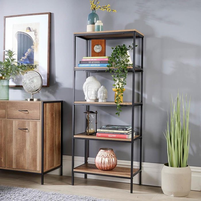 The Range | Home Source Oakmere 5 Tier Industrial Bookcase Shelving Unit - NaturalBlack - Natural Home Source Oakmere 5 Tier Industrial Bookcase Shelving Unit - NaturalBlack - Natural