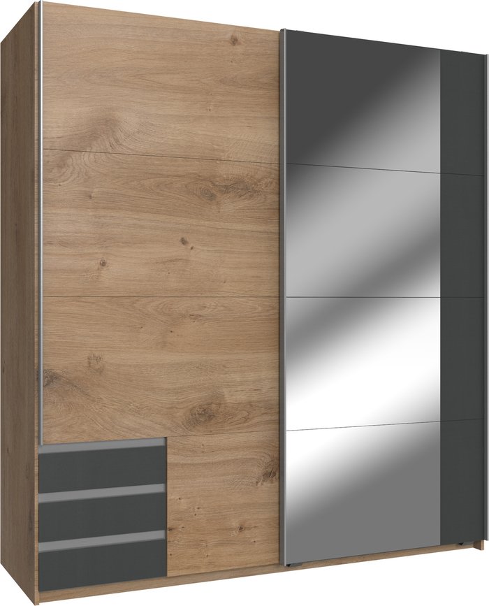 The Range | Tjs Sliding Wardrobe 1 Mirror 3 Drawers - Oak and Graphite Tjs Sliding Wardrobe 1 Mirror 3 Drawers - Oak and Graphite