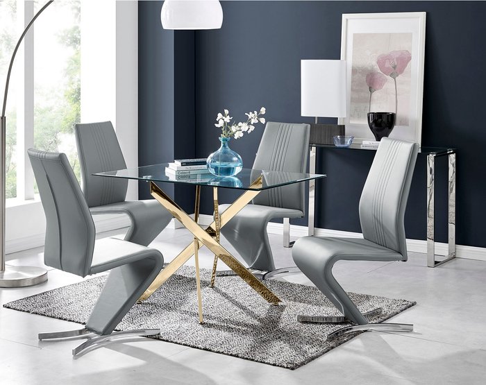 The Range | FurnitureboxUK Leonardo Gold Dining Table With Four Willow Chairs - Grey FurnitureboxUK Leonardo Gold Dining Table With Four Willow Chairs - Grey