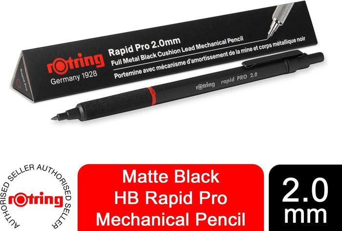 The Range | Rotring Rotring Rapid Pro Mechanical Matte Black or Metallic Silver HB Pencil or Pen - Black / Mechanical Pencil, 2.0 mm Rotring Rotring Rapid Pro Mechanical Matte Black or Metallic Silver HB Pencil or Pen - Black / Mechanical Pencil, 2.0 mm