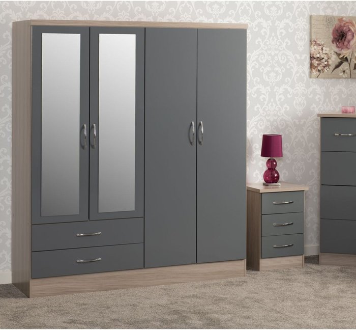 The Range | Seconique Nevada 4 Door 2 Drawer Wardrobe - Grey Gloss, Light POak Seconique Nevada 4 Door 2 Drawer Wardrobe - Grey Gloss, Light POak