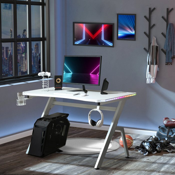 The Range | HOMCOM LED Ergonomic Gaming Desk - White HOMCOM LED Ergonomic Gaming Desk - White