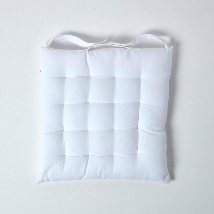 The Range | Homescapes Solid Cotton Seat Pad with Button Straps - White / 5cm Homescapes Solid Cotton Seat Pad with Button Straps - White / 5cm