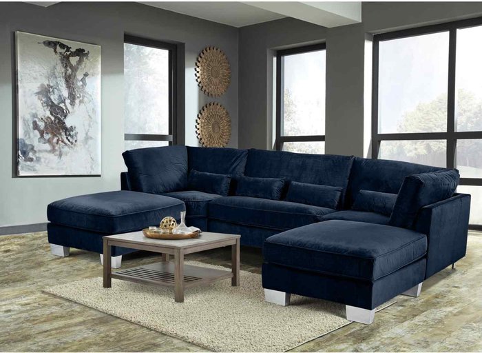 The Range | Simply Eleganza Almora Full Back Corner U Shape Sofa Velour Fabric with 2 Footstools - Blue Simply Eleganza Almora Full Back Corner U Shape Sofa Velour Fabric with 2 Footstools - Blue