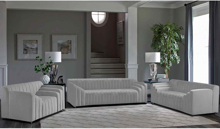 The Range | Simply Eleganza Jessica 3 Piece Flued Sofa Set in Velour Fabric - Grey Simply Eleganza Jessica 3 Piece Flued Sofa Set in Velour Fabric - Grey