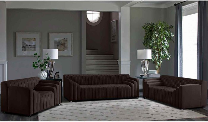 The Range | Simply Eleganza Jessica 3 Piece Flued Sofa Set in Velour Fabric - Brown Simply Eleganza Jessica 3 Piece Flued Sofa Set in Velour Fabric - Brown