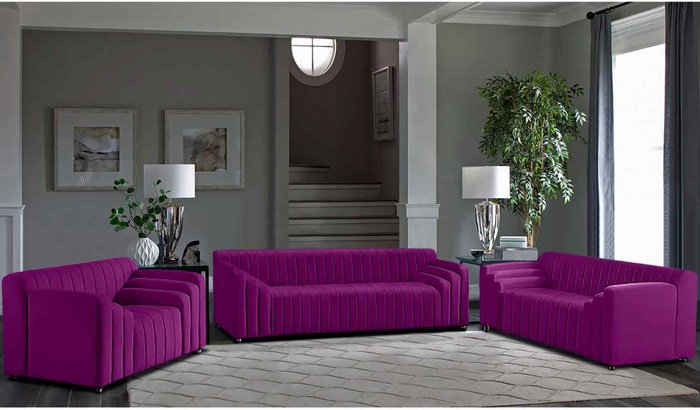 The Range | Simply Eleganza Jessica 3 Piece Flued Sofa Set in Velour Fabric - Purple Simply Eleganza Jessica 3 Piece Flued Sofa Set in Velour Fabric - Purple