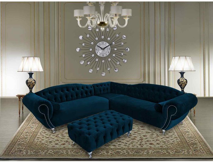 The Range | Simply Eleganza Lavis Corner Sofa with Footstool in Velour Fabric - Blue Simply Eleganza Lavis Corner Sofa with Footstool in Velour Fabric - Blue