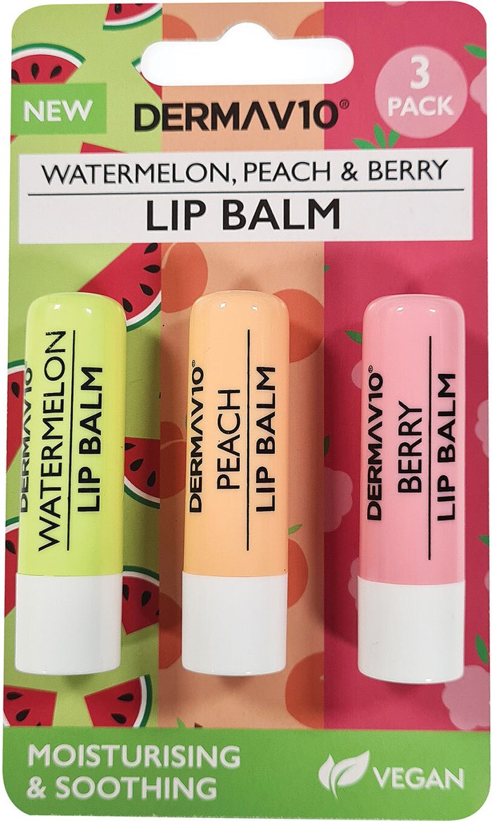 The Range | DermaV10 Watermelon, Peach, and Berry Lip Balm Set DermaV10 Watermelon, Peach, and Berry Lip Balm Set